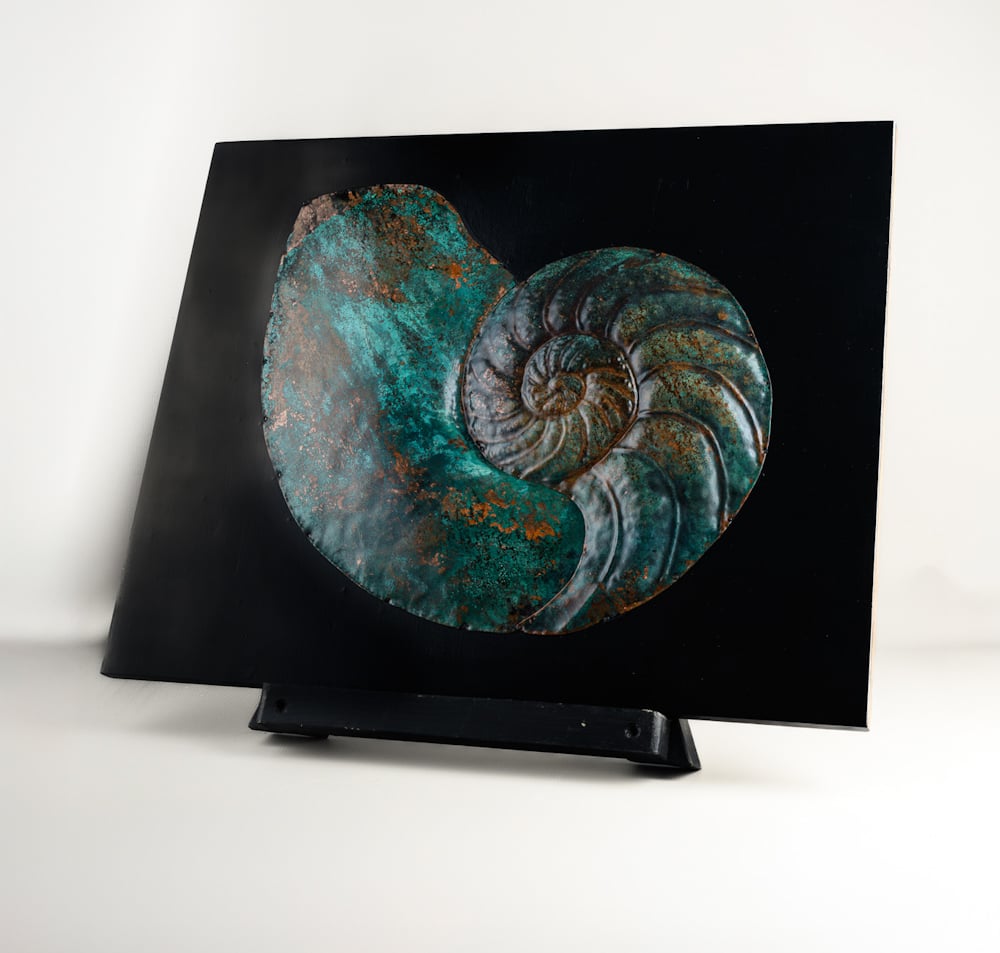 Sculptural nautilus crafted from copper, with a natural blue-green patina from oxidation, highlighting its spiral form and textured surface
